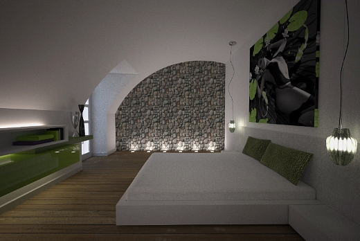 Camera da letto con parquet a listoni e soffitto a volta