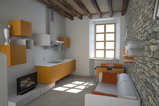 Soggiorno-cucina con soffitti in legno e pareti a roccia a vista